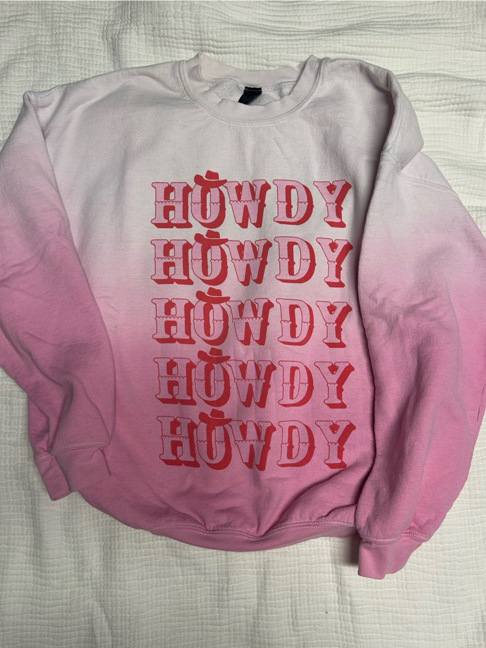 Sweet Claire Pink-to-White Ombre Crewneck with Red HOWDY Graphic